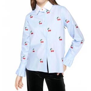 NEW VILAGALLO alba embroidered cherry button front blouse in blue